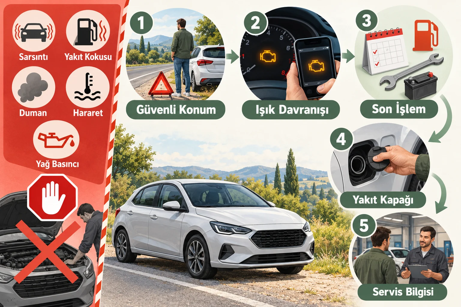 İnfografik: Check engine uyarısında güvenli ilk kontroller hangi sırayla yapılmalı? - Check engine ışığı neden yanar: Servis Öncesi Kontrol Sırası ve Olası Masraflar