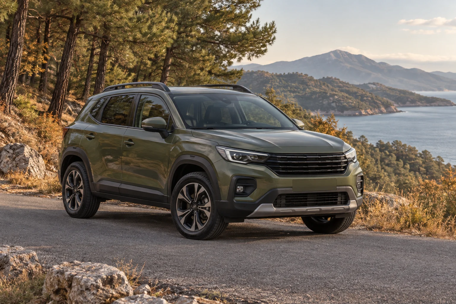 Ağaçlık bir yol kenarında duran kompakt SUV; Duster donanım rehberi için temsili özgün görsel.