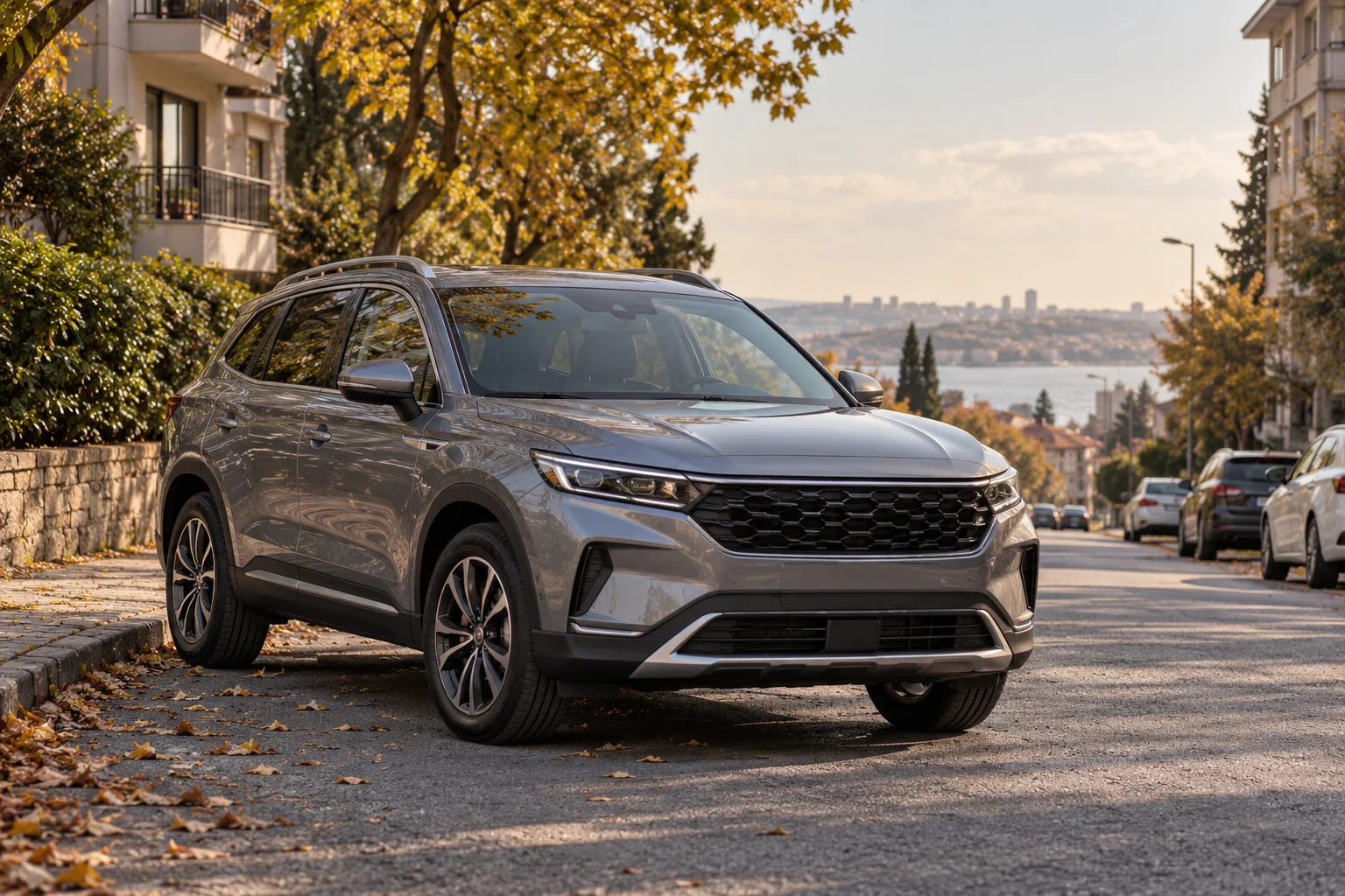Sakin bir sokakta park edilmiş temsili orta boy SUV