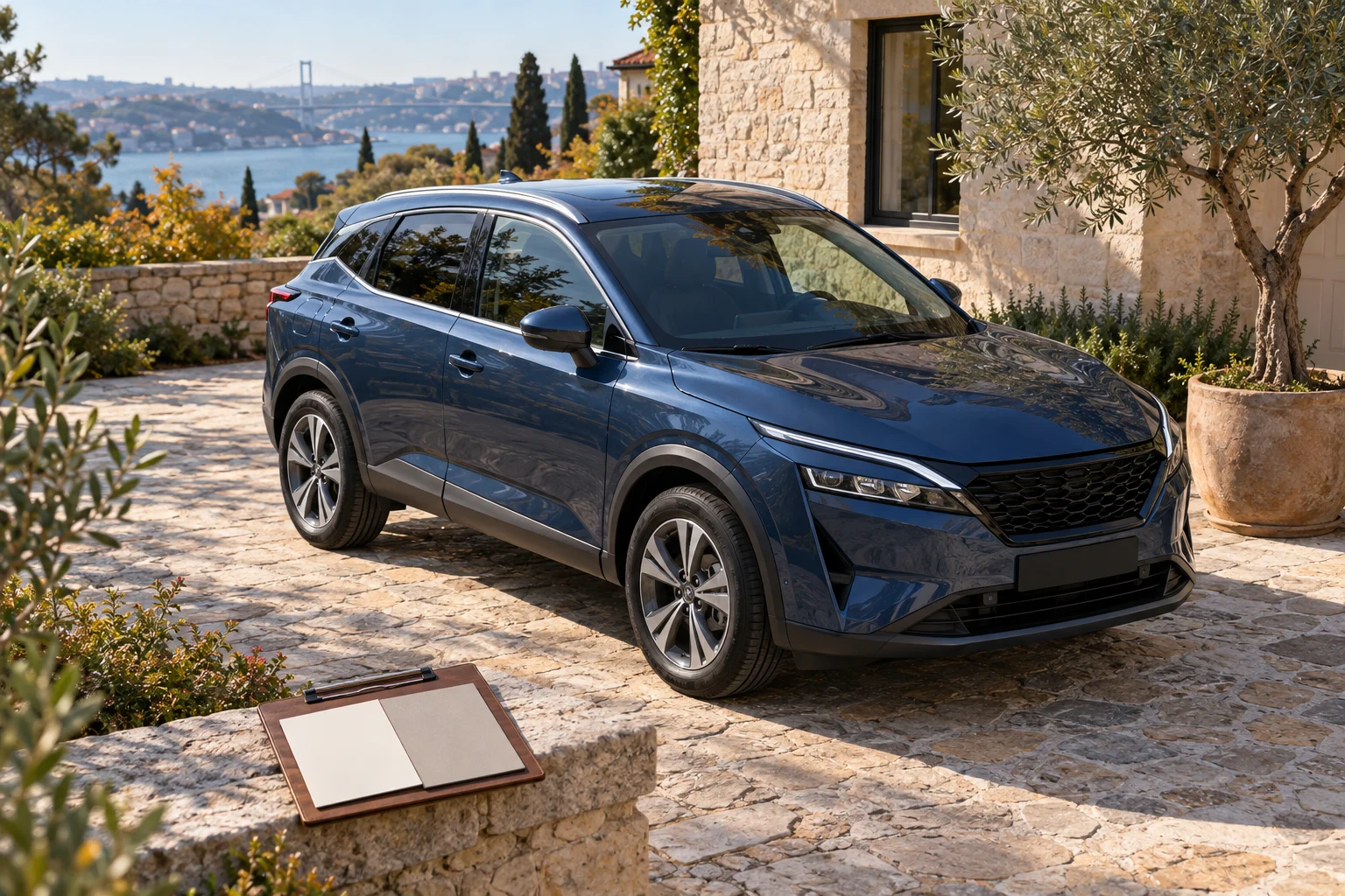 Park hâlindeki kompakt mavi SUV ve boş karşılaştırma kâğıtlarını gösteren yapay zekâ üretimi temsili sahne.