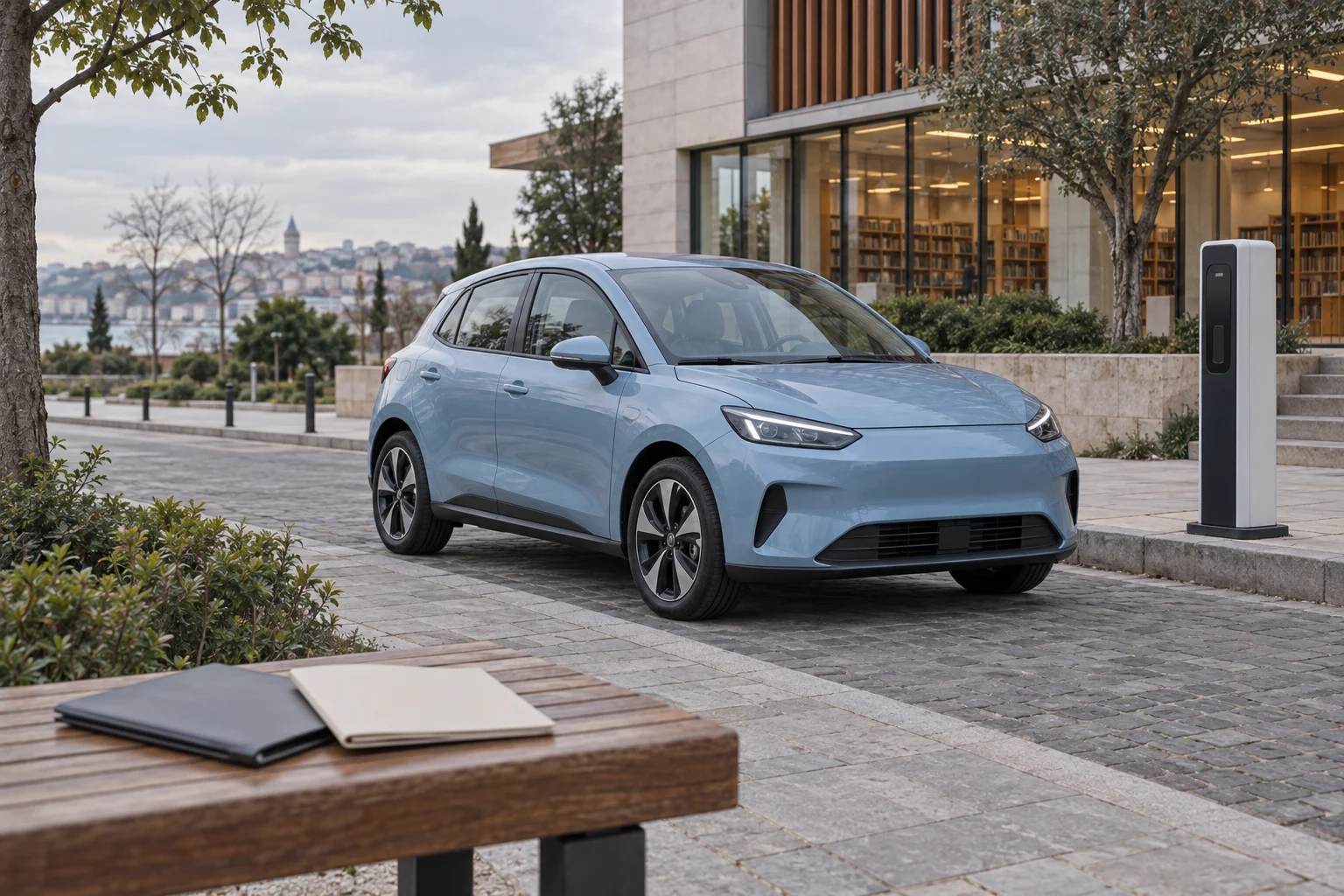 Şarj noktası yakınındaki kompakt elektrikli otomobili gösteren yapay zekâ üretimi temsili sahne.