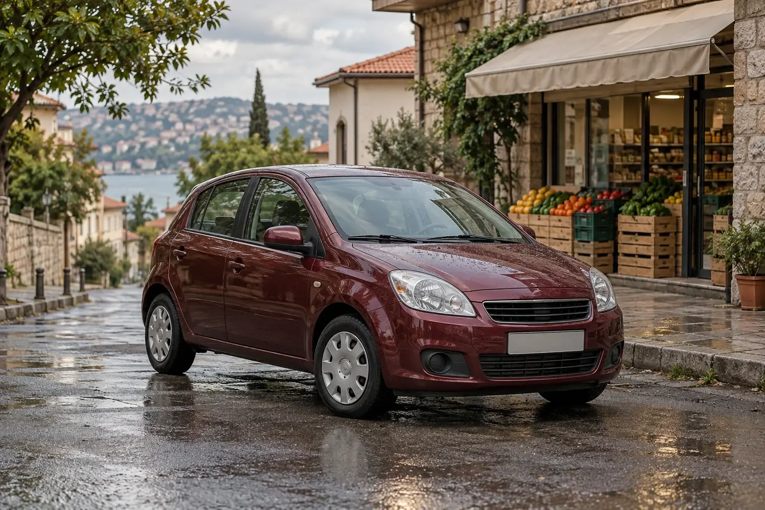 Sakin mahalle sokağındaki bordo hatchback otomobili gösteren yapay zekâ üretimi temsili görsel.