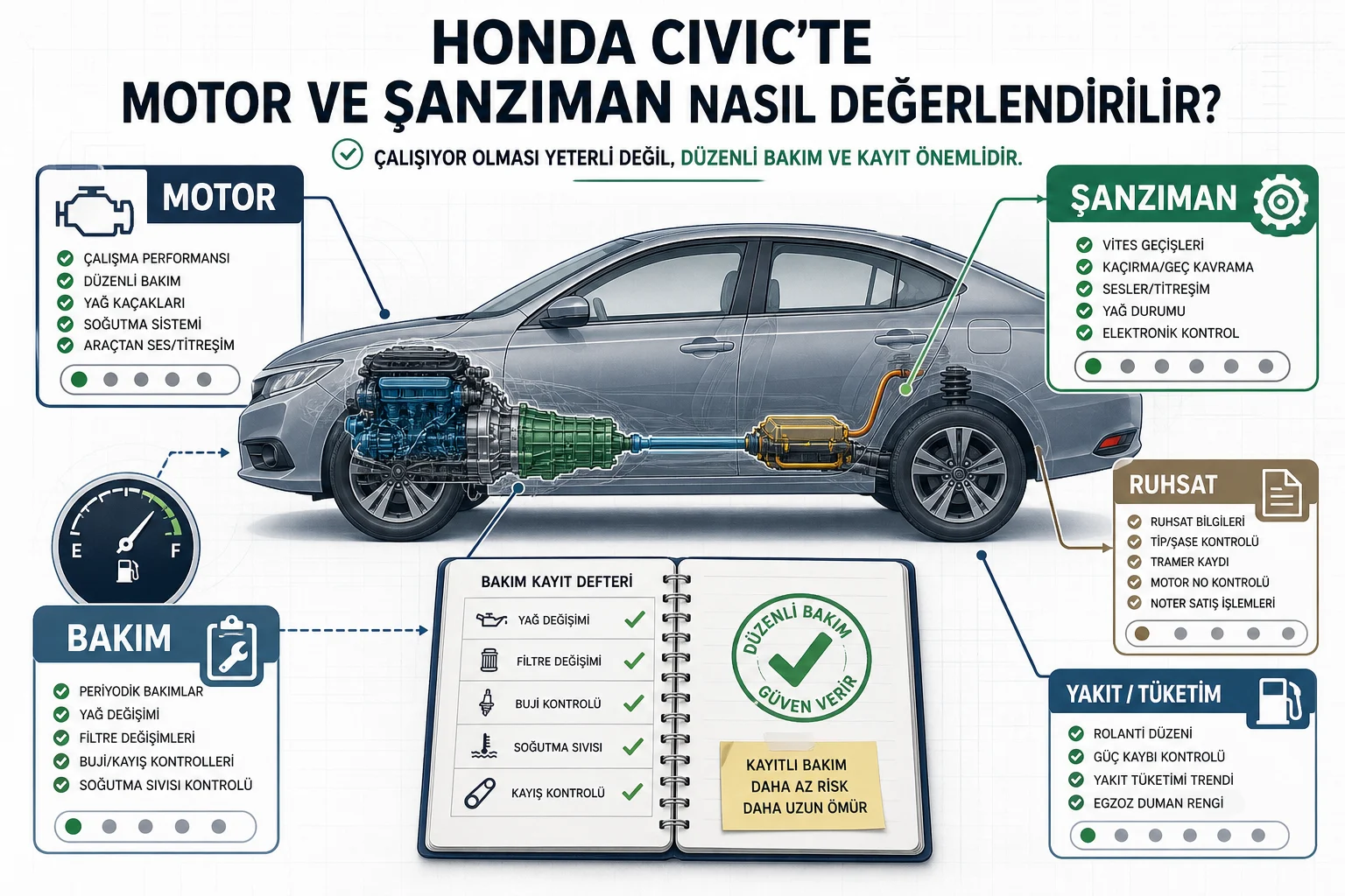 İnfografik: 3. Honda Civic’te motor ve şanzıman nasıl değerlendirilir? - Honda Civic: Motor, Şanzıman ve Günlük Kullanım Rehberi