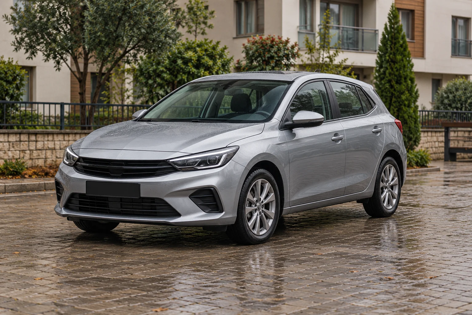 Yağmur sonrası sakin konut otoparkında gümüş renkli aile hatchback otomobili, temsili görsel