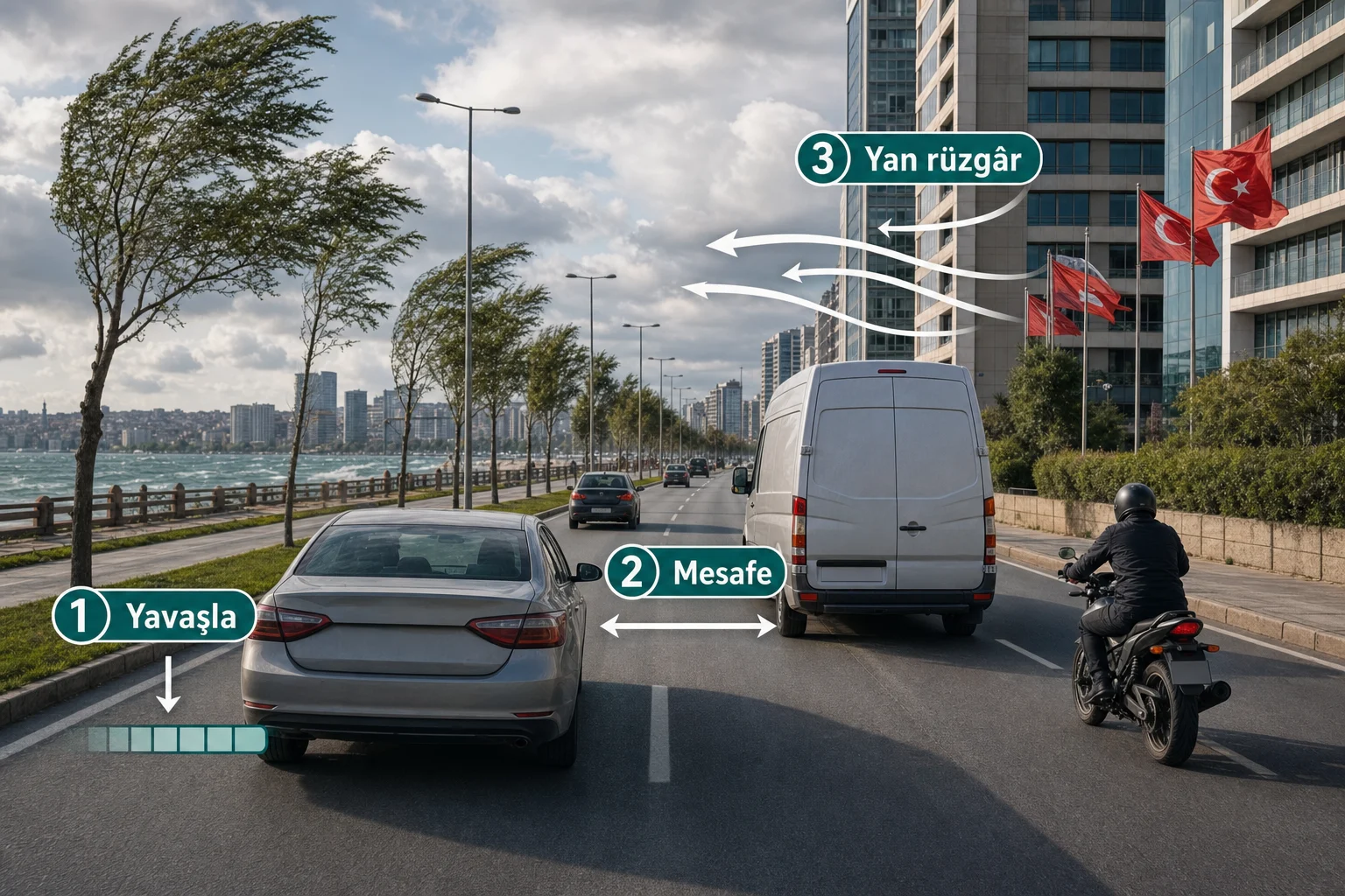 Açıklamalı görsel: Doğru uygulama - Kuvvetli Rüzgârda Sürüş: Şehir İçi ve Uzun Yol Kontrol Listesi