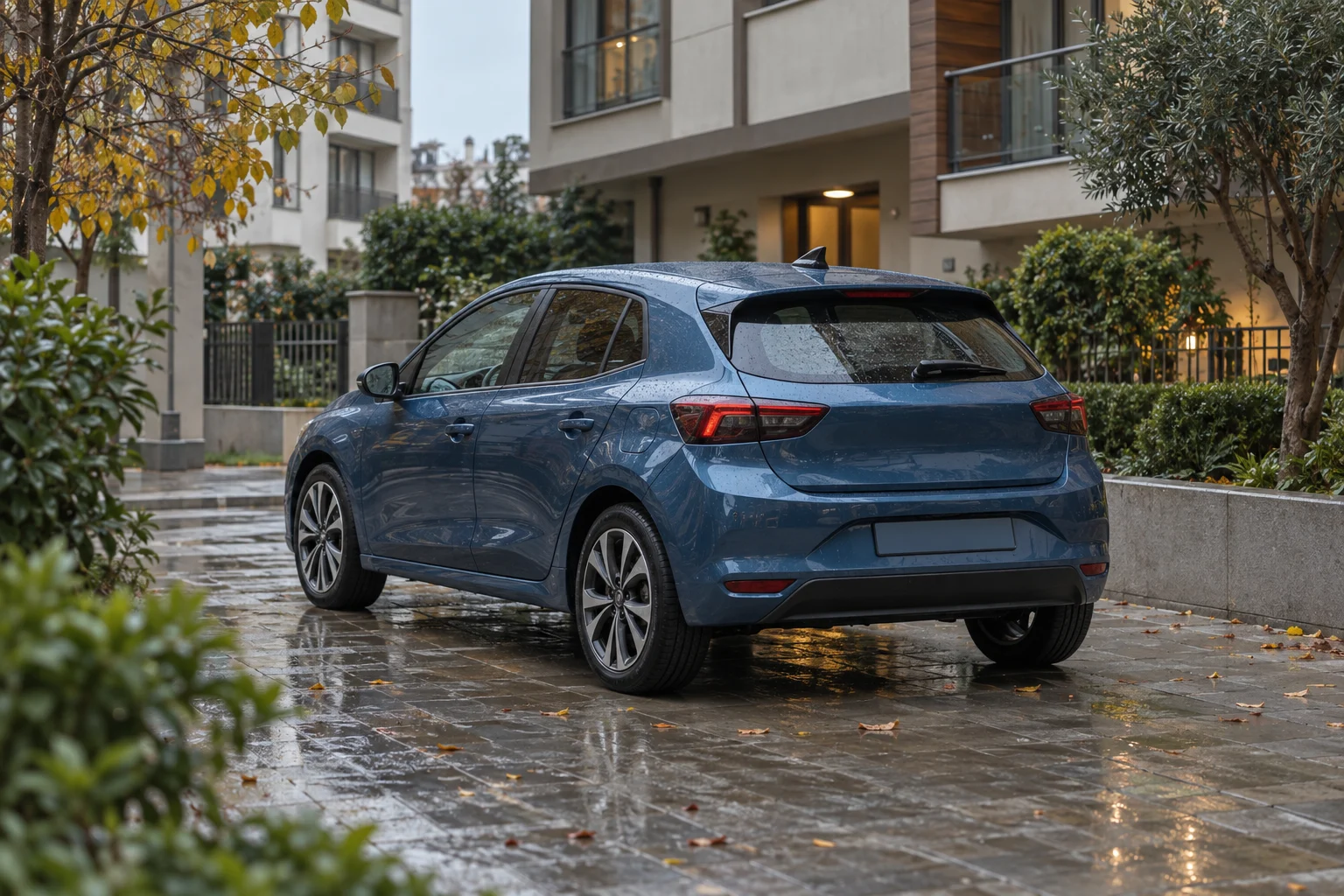 Yağmur sonrası apartman avlusunda park edilmiş mavi kompakt hatchback, temsili görsel