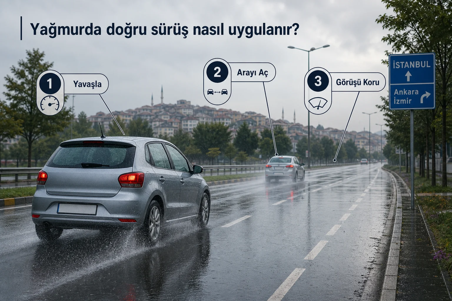 Açıklamalı görsel: Yağmurda doğru sürüş nasıl uygulanır? - Yağmurda sürüş: Sürücülerin En Sık Yaptığı Hatalar