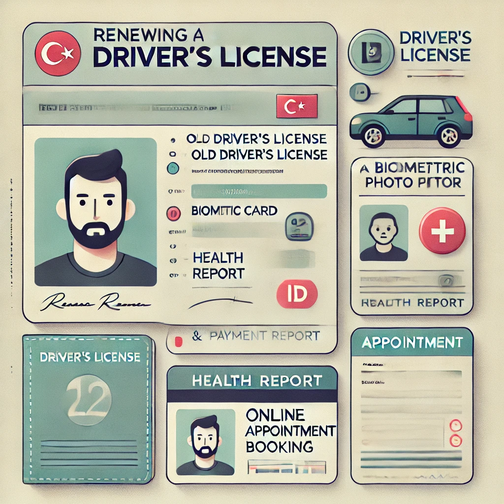 DALL·E 2024-11-08 18.15.31 – A square image depicting the process of renewing a driver’s license in Turkey. The image shows essential documents such as the old driver’s license, I