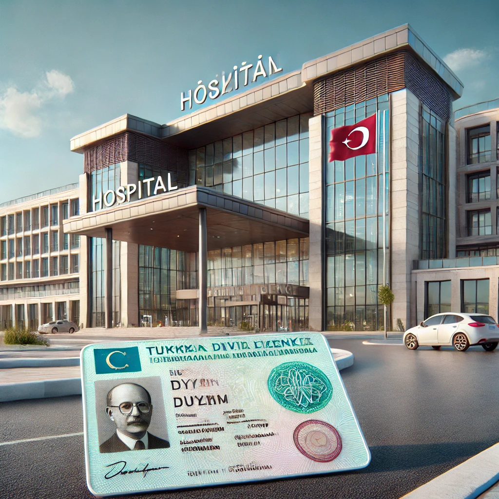 DALL·E 2024-11-11 01.07.13 – A realistic image of a hospital building in Turkey with a Turkish driver’s license placed in the foreground. The hospital building appears modern, wit