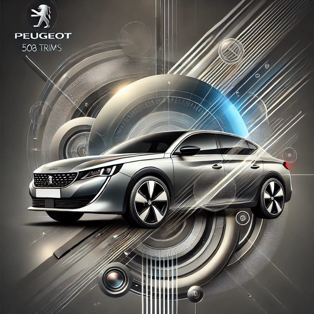 DALL·E 2024-12-10 09.49.25 – A visually appealing graphic design focused on Peugeot 508 trims, showcasing a sleek and modern automotive theme without text. The image features abst